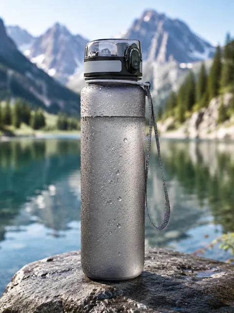 Бутылка для воды на фоне горного озера